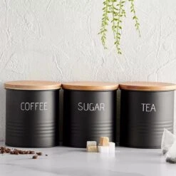 Bewaarblik - Voorraadpotten - Suikerpot - 3 Stuks - Voorraadblik - Deksel Bamboe - Luchtdict Voorraadbussen Potten - Koffie Thee Suiker - Zwart