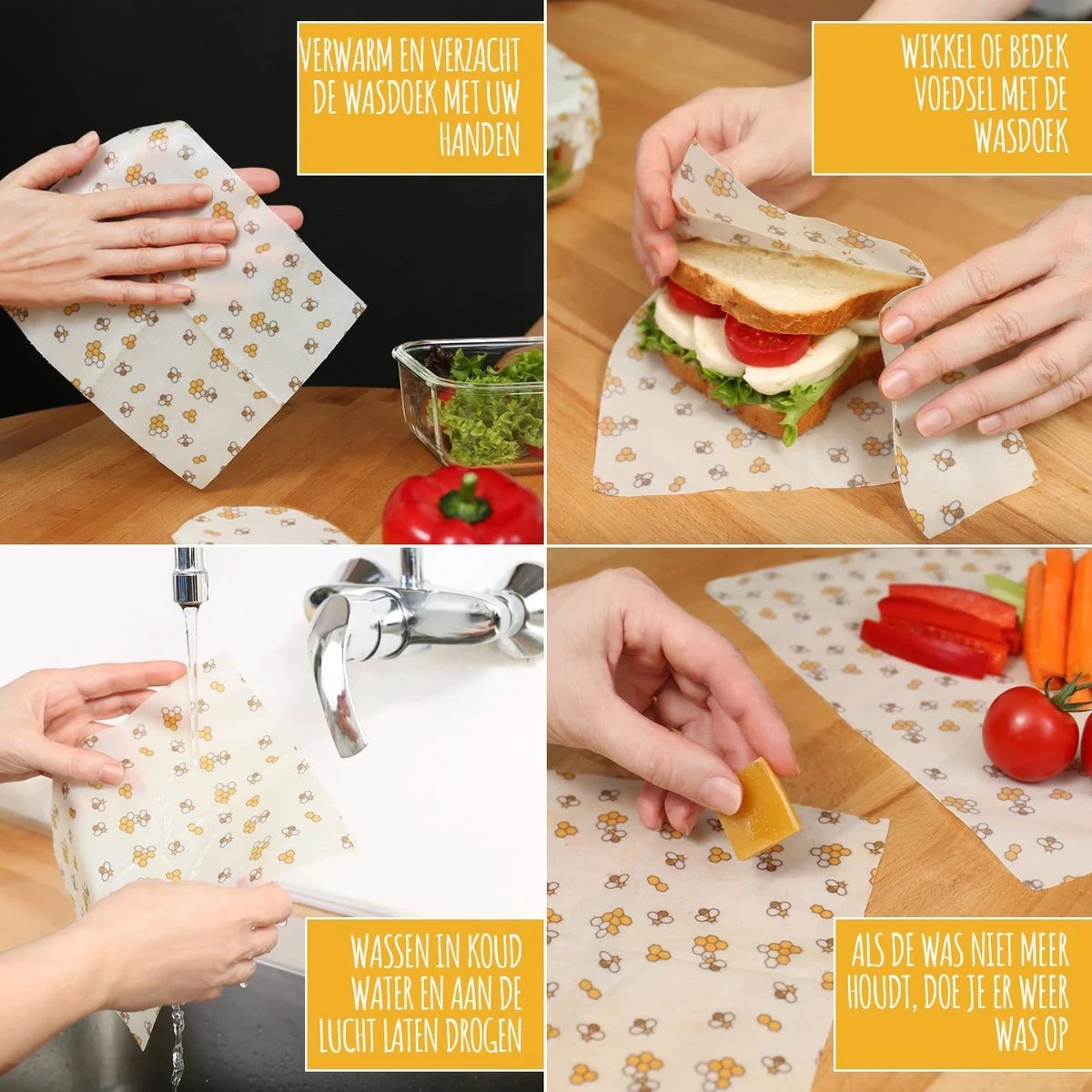 Amazy Bijenwasdoekjes (Set Van 7) - Gemaakt Van 100% Natuurlijke Bijenwas | Duurzaam Alternatief Voor Huishoudfolie En Aluminiumfolie - Voor Fruit, Groenten, Brood, Kaas En Ander Voedsel | Gecertificeerd 6 Amazy Bijenwasdoekjes (Set Van 7) - Gemaakt Van 100% Natuurlijke Bijenwas | Duurzaam Alternatief Voor Huishoudfolie En Aluminiumfolie - Voor Fruit, Groenten, Brood, Kaas En Ander Voedsel | Gecertificeerd - Afbeelding 4