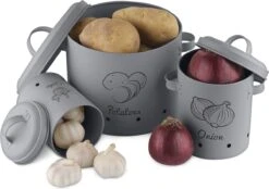 Alternative view of Navaris Set Van 3 Voorraadpotten - Voor Aardappelen, Uien En Knoflook - Metalen Voorraadblikken - Voor Opslag En Houdbaarheid - Vaatwasserbestendig